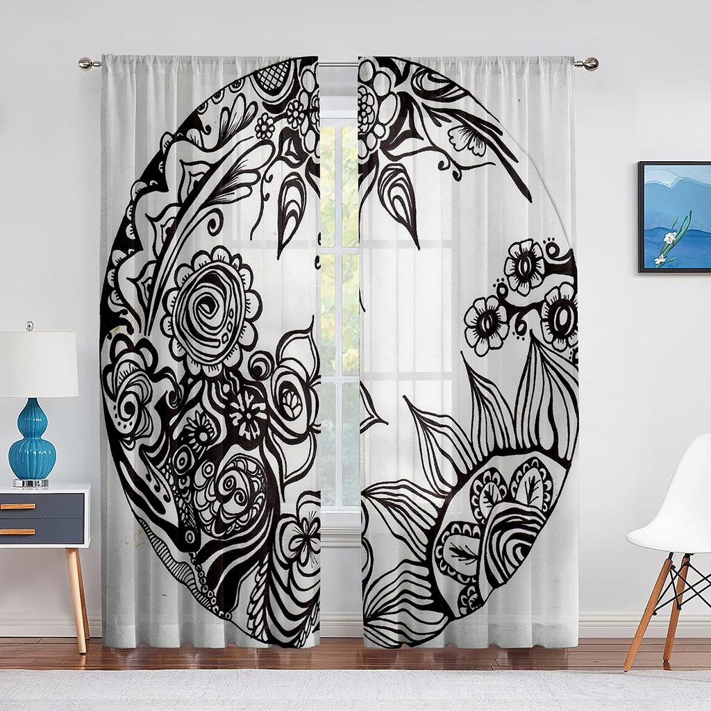 Мандала желтые цветы яркий геометрический узор прозрачные вуалевые шторы для гостиной спальни окна прозрачные тюль шторы