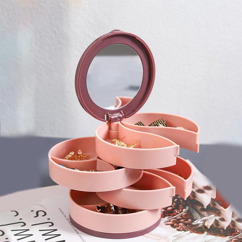 Вращающаяся шкатулка для украшений, многослойное косметическое зеркало для колец, ожерелий, сережек, органайзер для украшений, вместительная пылезащитная коробка для хранения
