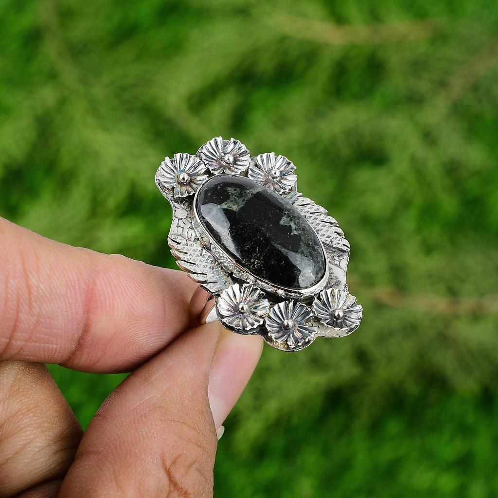 Natural Star Galaxy Jasper 925 Silver Flower Adjustable Ring For Girls