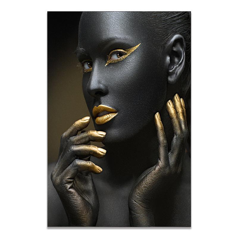 Золотая и черная современная модель макияжа, африканская женщина, холст, настенные художественные картины, модная девушка, принты плакатов для гостиной, домашний декор
