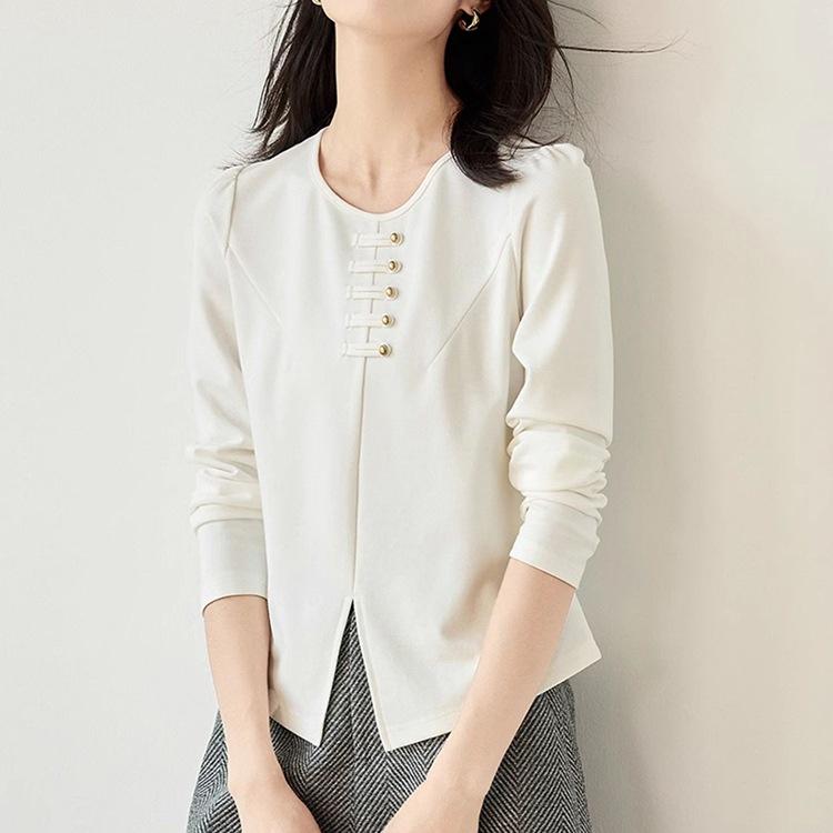 New Chinese Style Long-sleeved T-shirt for Spring New Women's Small Slit Loose Lazy Top