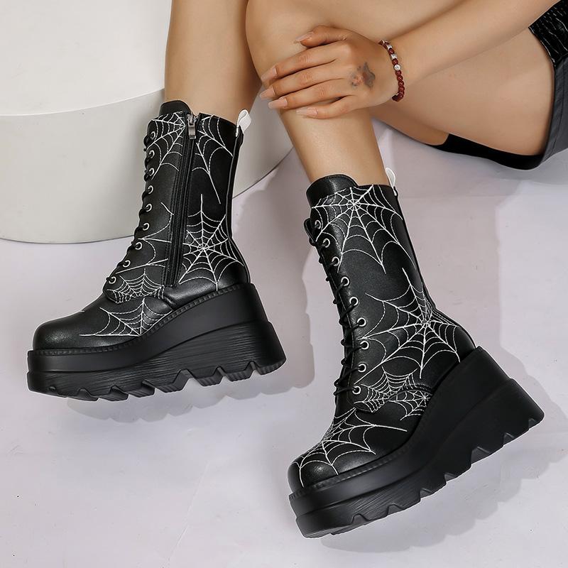 Fashion Spooky Style Chunky Platform Mid Calf Boots Women Spider Web Pattern Wedge Gothic Boots Woman Thick Sole Halloween Cosplay Shoes