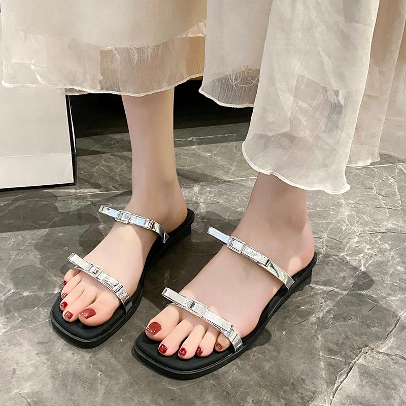 Fashion Low Heel Slippers Women's Fashion Square Head Butterfly Knot Fine Strap Soft Sole Anti-slip Wear-resistant Slope Heel Shoes
