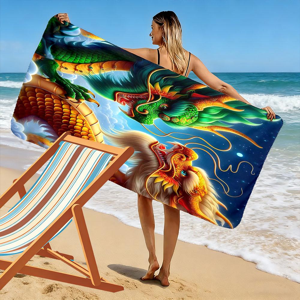 Majestic Dragon Duo in Vibrant Colors Patterned beach towel quick dry perfect for travel outdoor sports jogging the beach and swimming
