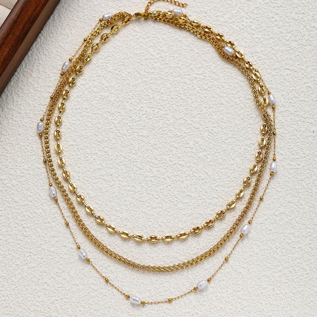 Wind Natural Baroque Pearl Three-Layer Necklace for Women 18K Gold-plated, colorfast, and a hot-selling item in Europe and the US