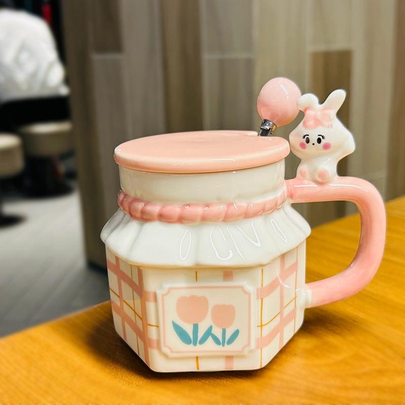 Пара кроликов Чашка-тюльпан Сувенир Подарок на день рождения Девочка Офисная чашка для воды Керамическая кружка с крышкой
