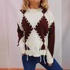 Spring New Round Neck Long Sleeved Contrasting Diamond Grid Handmade Rope Tied Knitted Pullover Sweater for Women 3535 EMA