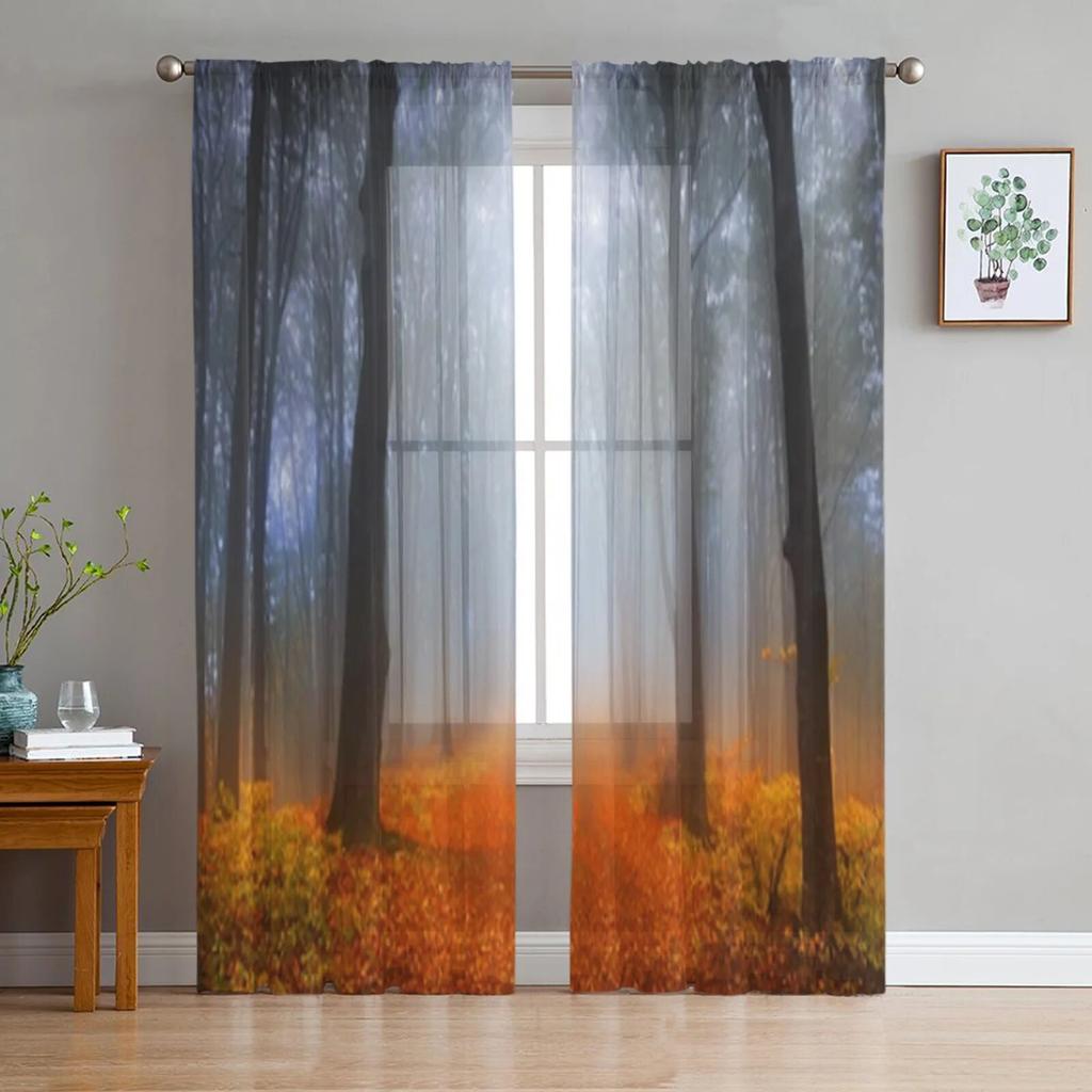 Autumn Foggy Forest Sheer Curtains For Living Room Window Transparent Voile Tulle Curtain Bedroom Drapes Home Decor