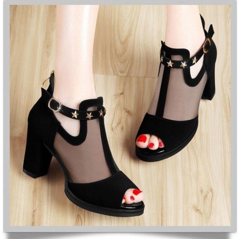 Women Pumps High Thick Black Heels Ladies Shoes Zipper Open Toe Wedding Platform