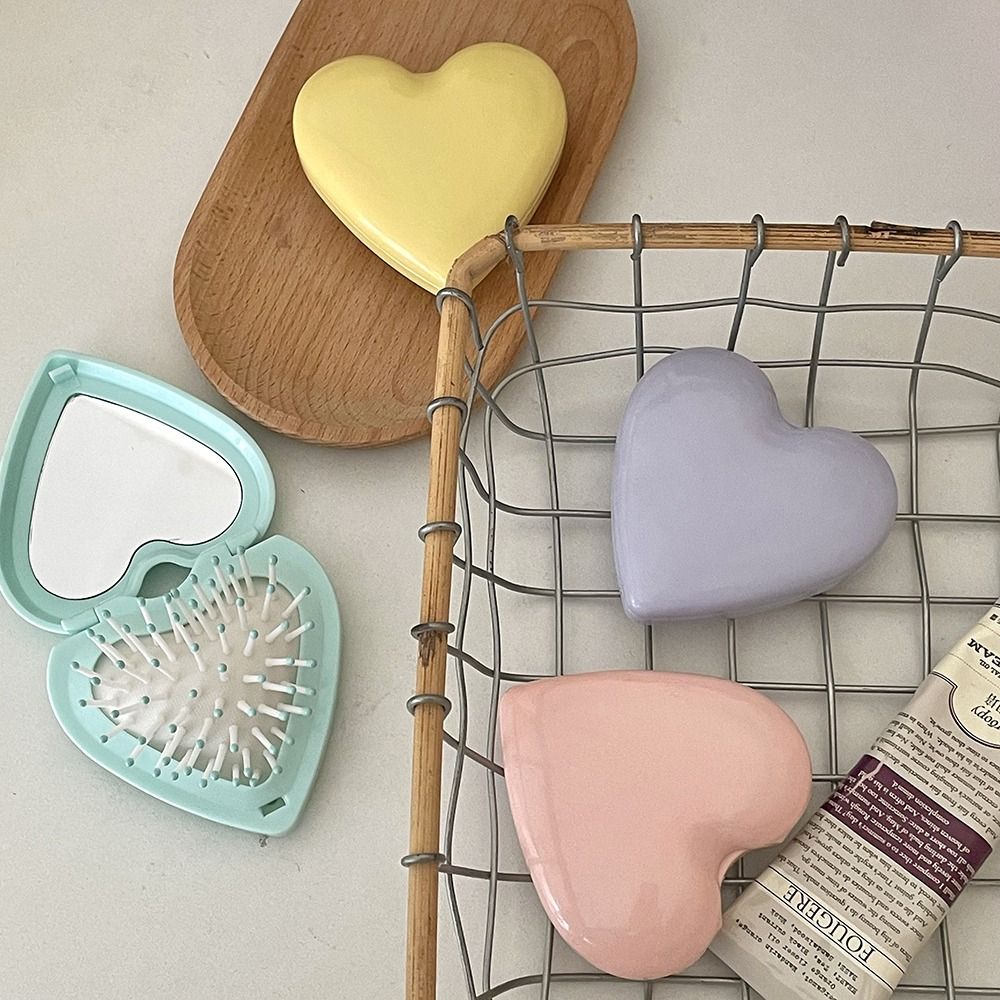 Candy Color Folding Airbag Comb Anti-static Massage Comb Heart Hair Comb with Mirror  Women Girl