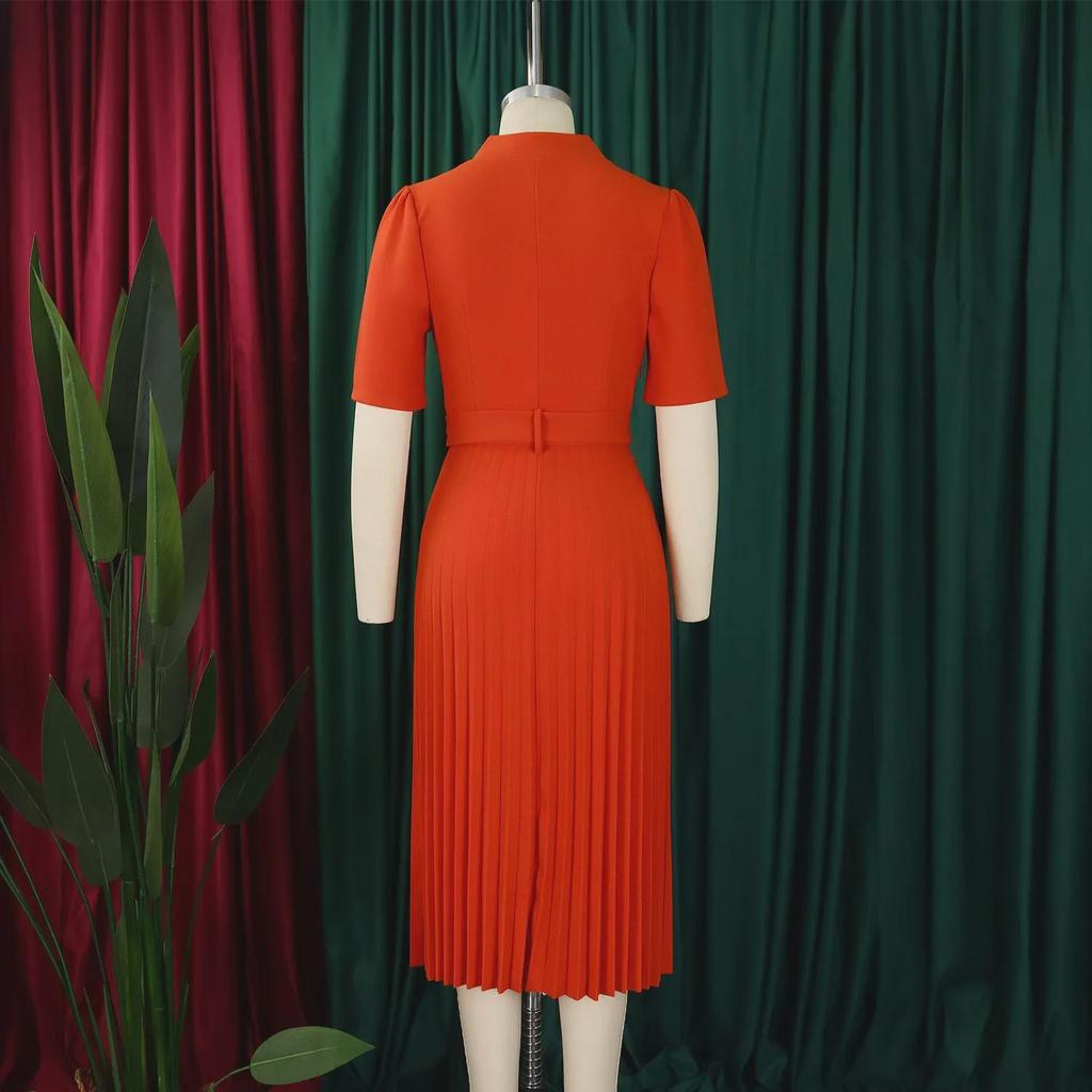 D563 Women's Summer V-Neck Pleated High-Waist Dress