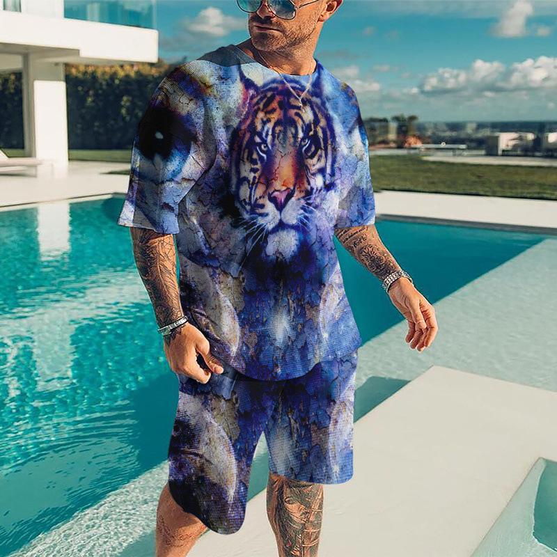 Мужские комплекты футболок, спортивный костюм с 3D принтом животного тигра, футболки, шорты, комплект из 2 предметов, уличная одежда, мужские костюмы больших размеров, спортивная одежда