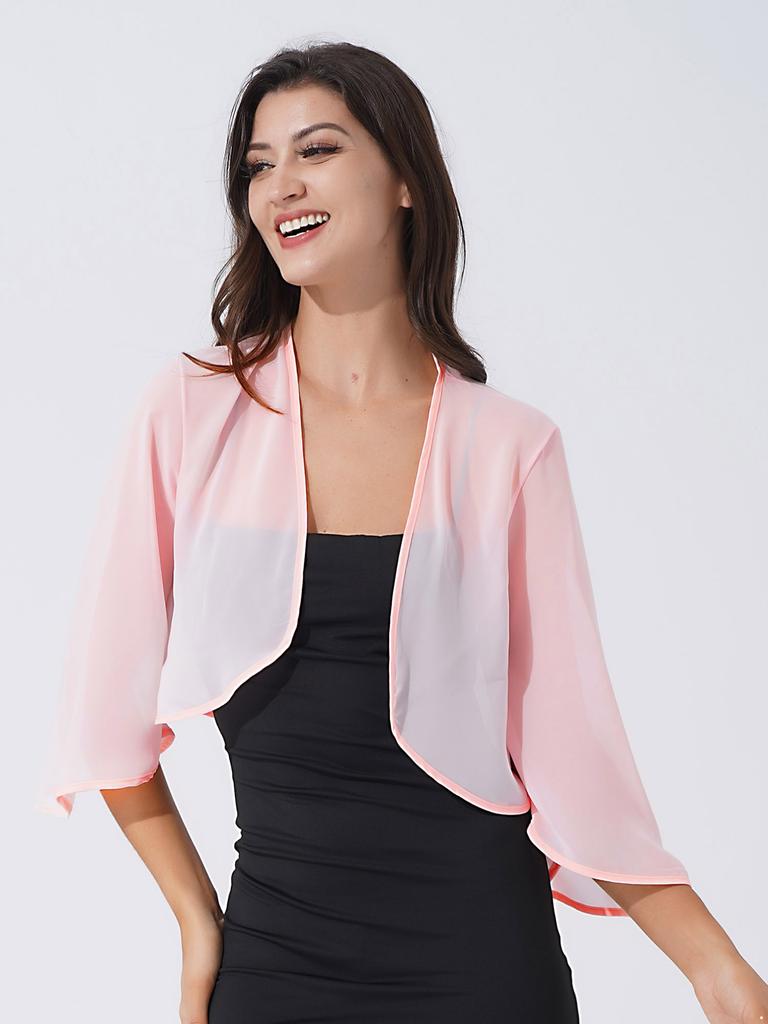 Womens 3/4 Sleeve Chiffon Cardigan Bolero Elegant Summer Ladies Wedding Wraps Shrug Bridal Shawl Evening Cover Up