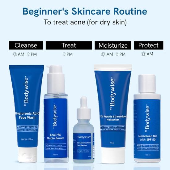 Набор для активного лечения акне Be Bodywise для сухой кожи | С гиалуроновой кислотой для умывания (100мл) & 2% SA Сыворотка для лица (30мл)| Для кожи без акне и ровного тона