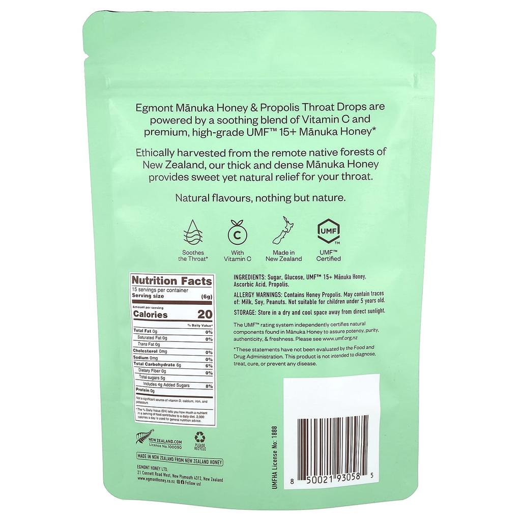 Egmont Honey Manuka Honey & Propolis Throat Drops, 15 Packs, 90g (3.17oz)