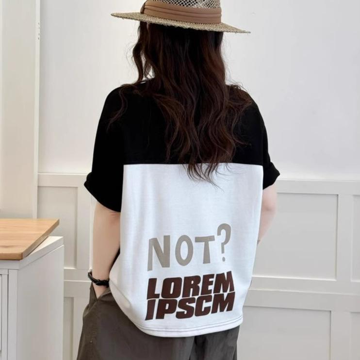 Dimanaf 2025 Летняя футболка женская с принтом букв, асимметричная, с коротким рукавом, свободная, белая, черная