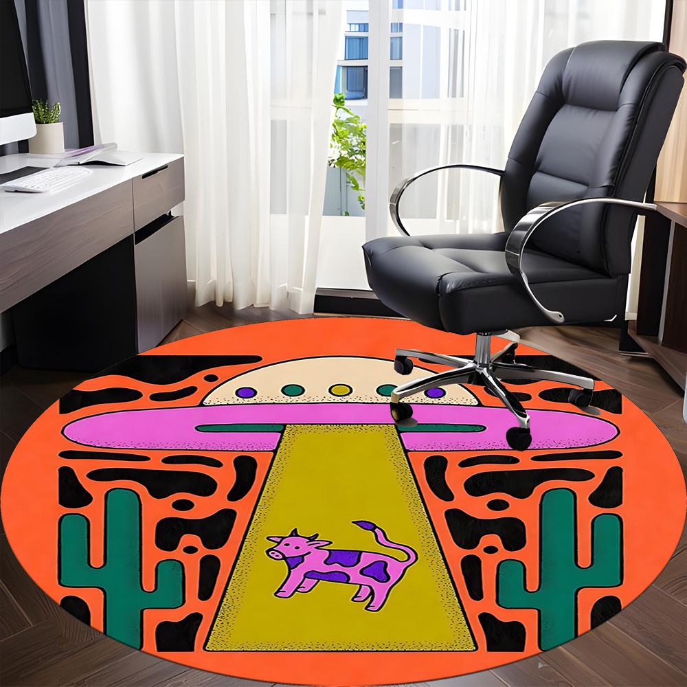 1pc UFO Cow Office Round Area Rug, Indoor Mat Suitable For Office, Under Office Chairs Bedroom Living Room Home Decor, Room Deco
