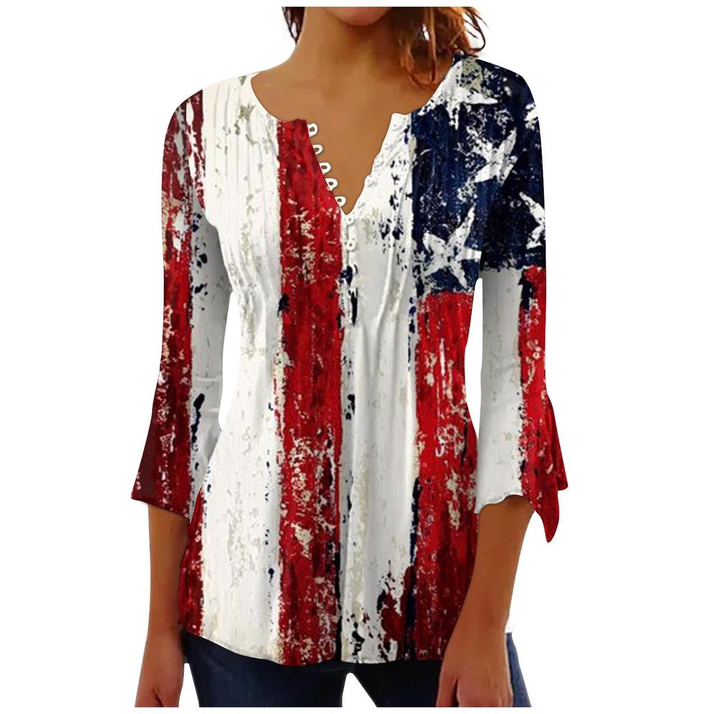 Женский повседневный топ на пуговицах с длинными рукавами и v-образным вырезом в честь Дня независимости