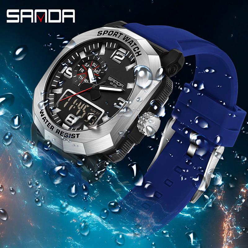 Sanda Men's Led Analog Digital Electronic Watches Multi-functional Fashion Outdoor Sports Luminous Waterproof Quartz Wristwatch
