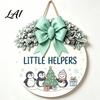 Seasonal Wall Art Christmas Wooden Welcome Sign for Front Door Round Hanging Ornament with Gift Artificial Pine Branches & Bow Decor Holiday