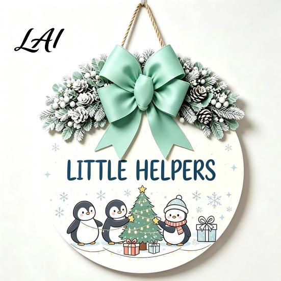 Seasonal Wall Art Christmas Wooden Welcome Sign for Front Door Round Hanging Ornament with Gift Artificial Pine Branches & Bow Decor Holiday