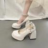 Модные туфли-лодочки с ремешком на щиколотке и жемчугом для женщин Новые туфли Мэри Джейн на высоком каблуке и платформе с круглым носком и толстым каблуком для вечеринок Женские