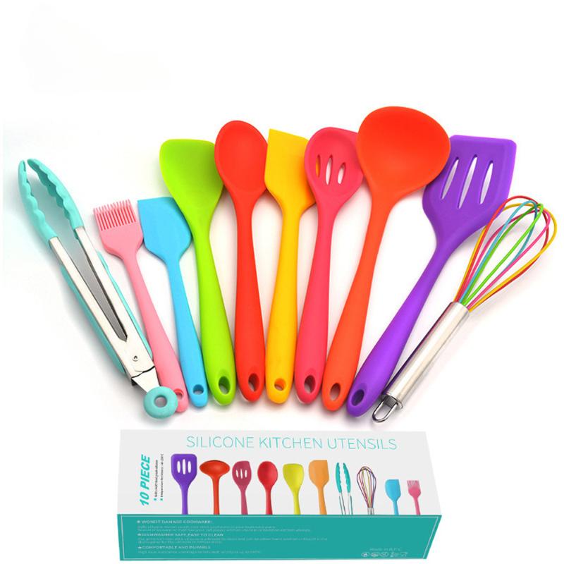 Color Silicone Kitchenware 10 Piece Set Non Stick Pot Silicone Kitchenware Set Cooking Shovel Spoon Tool Cooking Tools