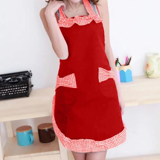 Women Cute Bowknot Decor Pocket Apron Plaid Print Splicing Adjustable Lace-up Kitchen Flirty Apron Mother Day Gift