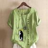 Women's New Fashion Linen Shirt Round Neck Short Sleeve Penguin Printed T-shirt Summer Ladies Casual Plus Size Blouse Tops