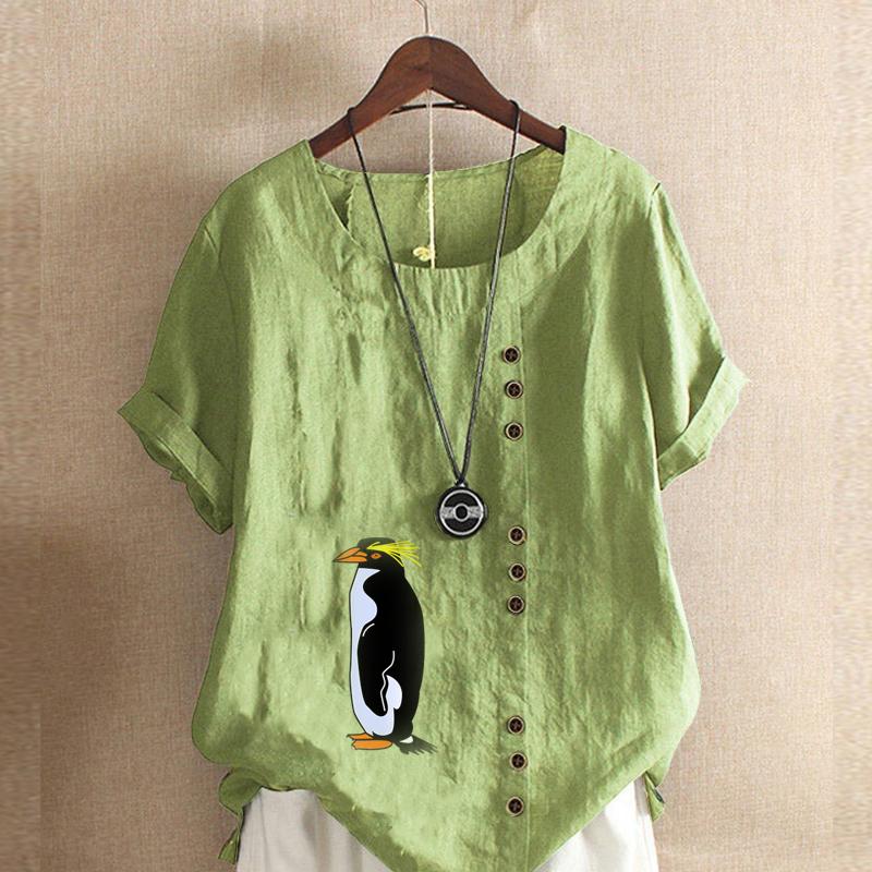 Women's New Fashion Linen Shirt Round Neck Short Sleeve Penguin Printed T-shirt Summer Ladies Casual Plus Size Blouse Tops