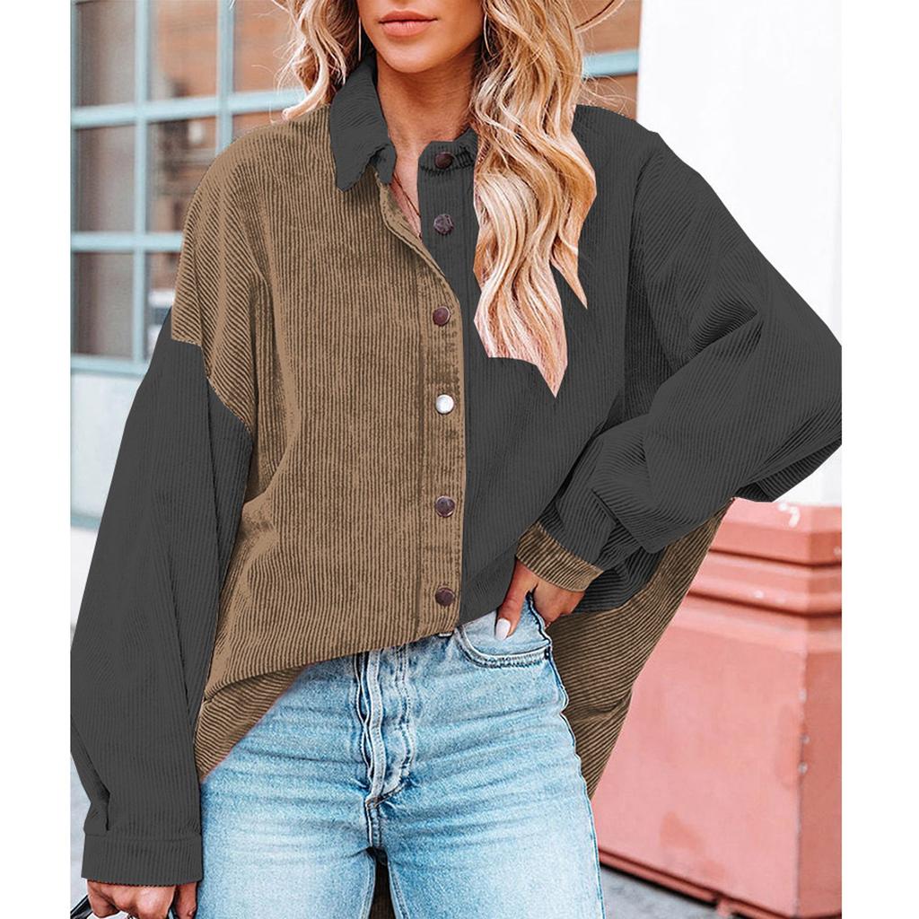 Женская свободная повседневная рубашка с цветными блоками и длинными рукавами на пуговицах с лацканами, верхняя часть, рубашка с длинными рукавами