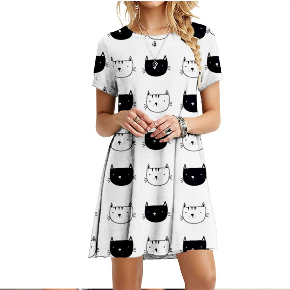 Платье с красочным рисунком и принтом кошек, с короткими рукавами, женское платье Kawaii, летняя мода, круглый вырез, уличная повседневная свободная одежда