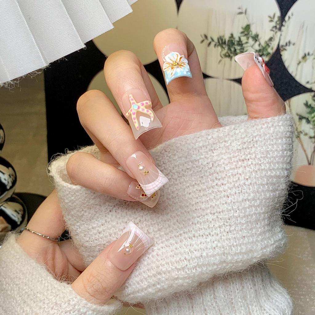Original‑Design European‑American Ocean‑Vibe Pure‑Handmade Press‑On Nails 3D‑Engraved French False Nail Patches