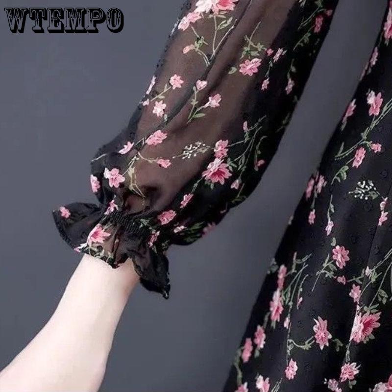 Весенне-осеннее женское платье, шифоновая блузка, женское летнее платье с длинными рукавами и цветочным принтом, юбка с большой нижней частью