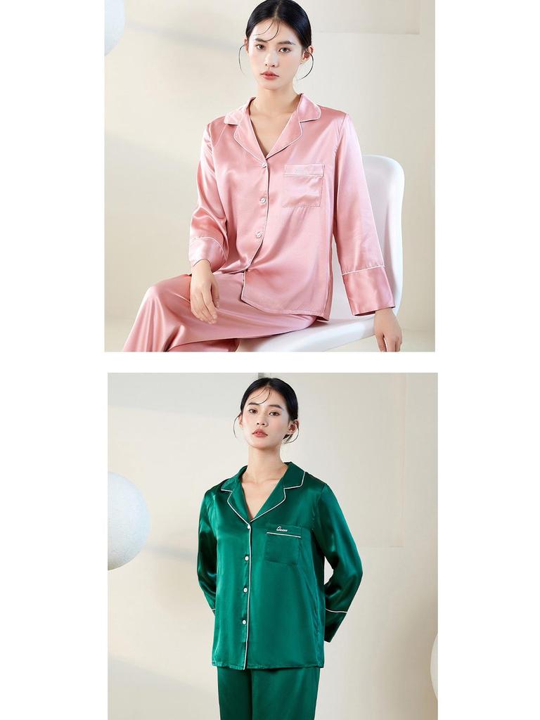 Yuyue Women's Long-Sleeved Mulberry Silk Pajamas: Breathable and Loose-Fitting Sleepwear for Spring and Summer.