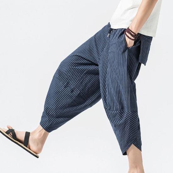 Мужские летние укороченные брюки с эластичной резинкой на талии Брюки-морковки Брюки-шаровары с принтом в вертикальную полоску Уличная одежда