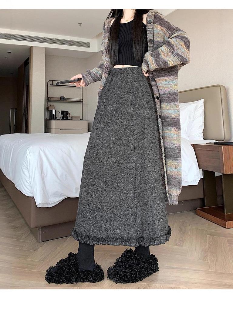 Deep Gray Woolen High Waist A-line Ruffle Skirt for Women - Autumn/Winter Collection