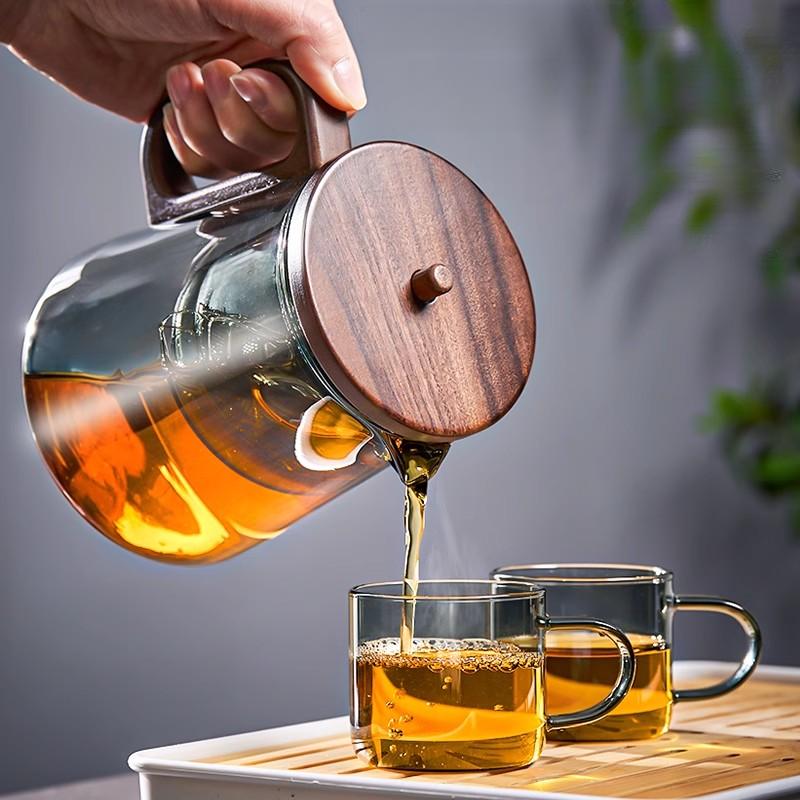 Home Tea Pot with Lift Filter Walnut Anti-Scalding Handle Tea Kettle Thickened High Borosilicate Pyrex Kung Fu Teapot