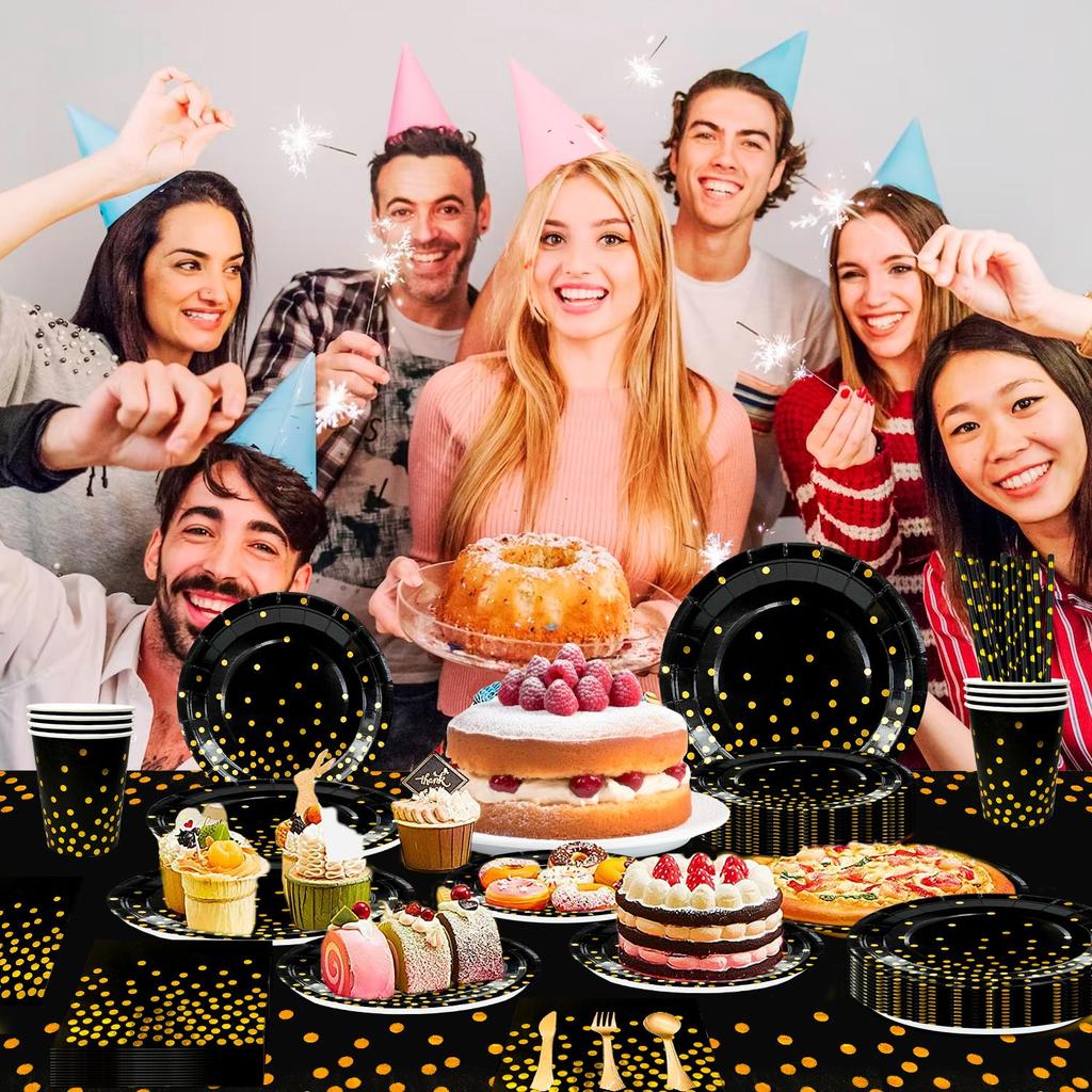 193pcs Black Gold Party Tableware, Black and Gold Dot Paper Party Tableware Set - Black and Gold Paper Plates and Cups Napkins Tablecloth etc