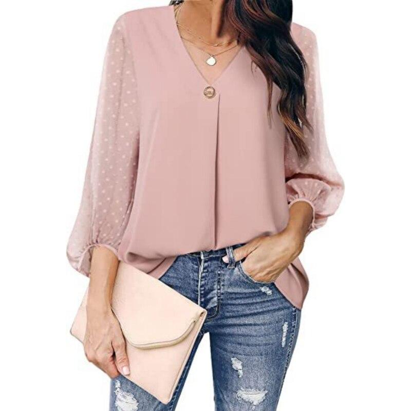 2023 Womens Clothing Spring Autumn Fashion Dot Puff Sleeve Women Tops V-neck Loose Long Sleeve Shirt Blouse Blusas 25792