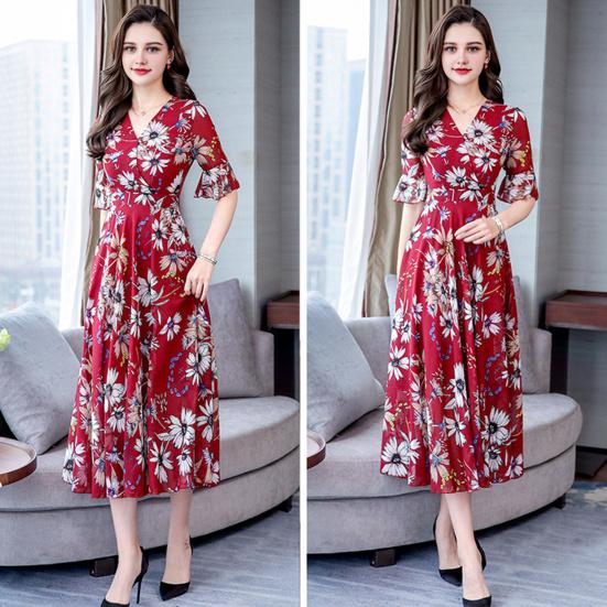 Женское повседневное струящееся шифоновое макси-платье А-силуэта с коротким рукавом и оборками, длинное платье с V-образным вырезом, летнее платье в стиле бохо с цветочным принтом