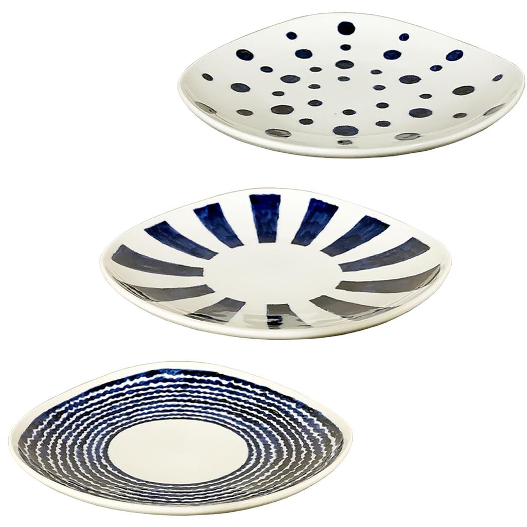 Hasami Ware Dinnerware Set of Irregular Shaped Side 16cm Diameter X Japanese Microwave and Dishwasher Made In Product Number 30202 "Indigo Dye" Set,