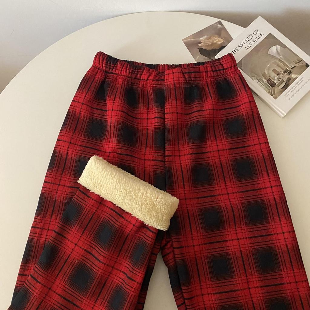 Women's High-Waisted Fleece-Lined Wool Plaid Wide-Leg Pants