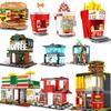 Mini Shop Market Street View Sets Model Building Blocks Hamburger Restaurant Retail Store Creative Architecture Friend Girl City