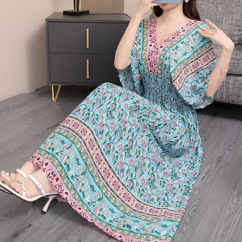 Этническое платье с V-образным вырезом и короткими рукавами из вискозы с французско-тайским принтом для женщин, к 25-летнему юбилею