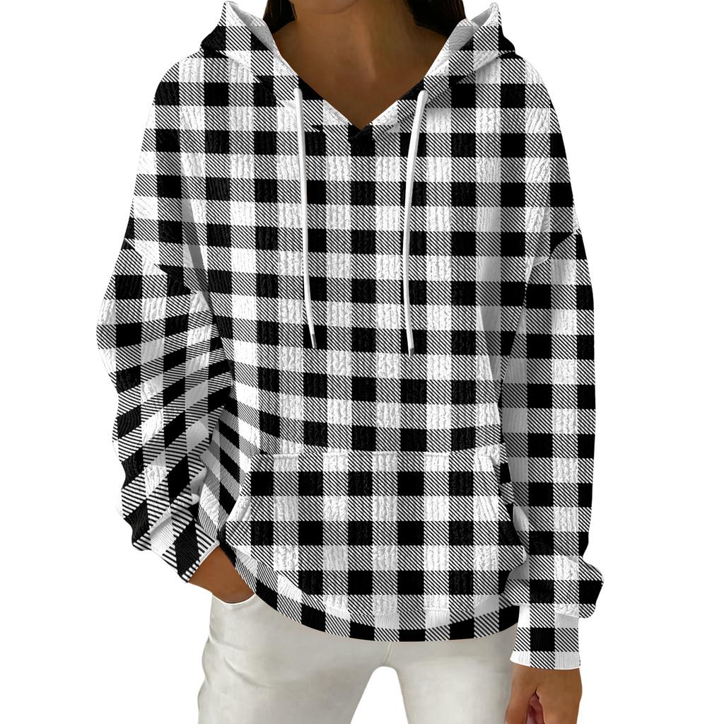 Women's Fashion Casual Plaid Print Pullover Long-Sleeve Hooded Sweatshirt