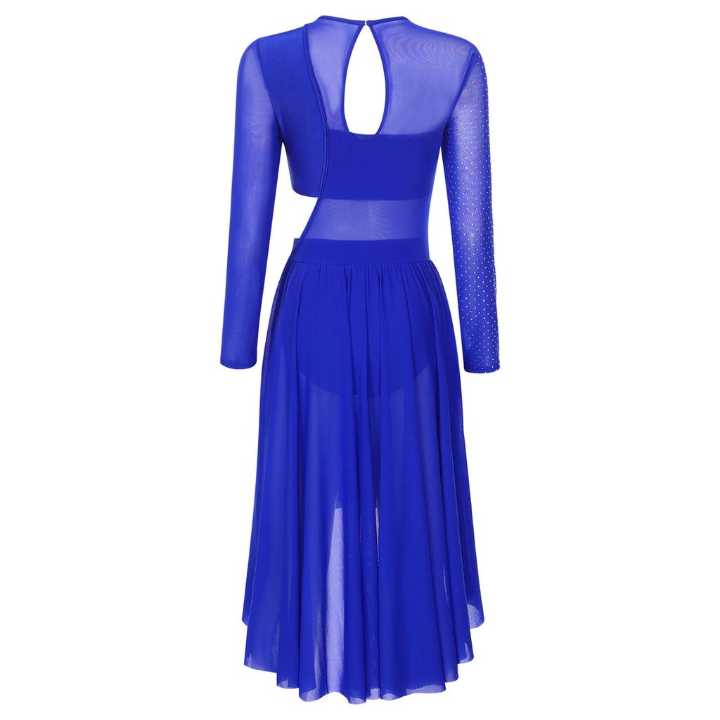 Женский лирический современный танцевальный костюм с длинными рукавами и стразами, сетчатое лоскутное платье с вырезами, балетное трико, платье