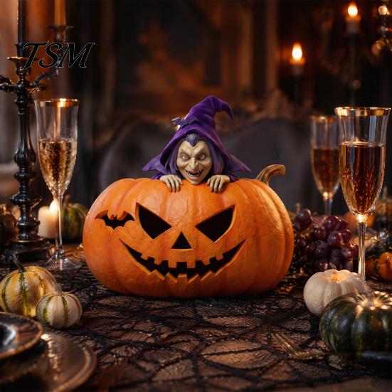 Vintage Halloween Decor Resin Pumpkin Witch Figurine, Spooky Bat Detailed Tabletop Decor, Stable Ornaments Base Mini Statue for Window Showcase