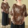 Свободная хлопково-льняная женская футболка больших размеров с принтом, летняя этническая, рукав «летучая мышь», стройнящая, для мамы, с цветочным принтом