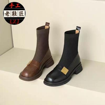 Вязаные эластичные облегающие ботильоны женские толстый каблук 2025 Осень/Зима Новые Лоферы Ботинки Ботинки Мартин Средний каблук Винтажный Коричневый